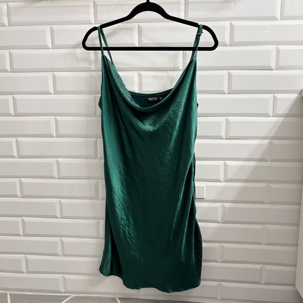 Nasty Gal Women’s 12 Cowl Neck Satin Slip Mini Dress, Green - Picture 2 of 7
